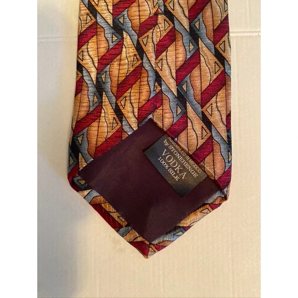 Vodka by Stonehenge Mens Silk Tie Geometric Abstract Gold Burgundy Blue
